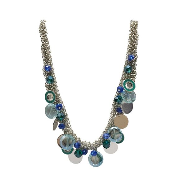 Nine West Silver Tone Blue Multi Color Beaded Necklace With Circular Accents - Picture 1 of 7